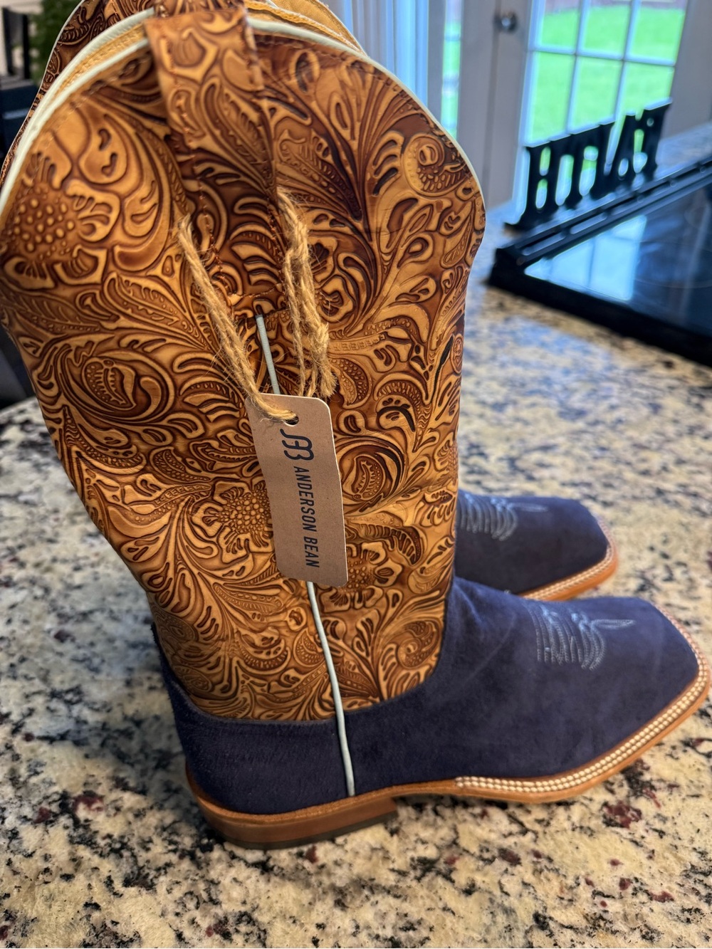 New Anderson Bean Navy Wyoming Roughouts with Tooled Tan Leather Shaft Boots.